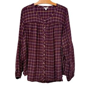 NWT Sonoma Women's Plus Size 1X Button Down Plaid Shirt Puff Sleeve